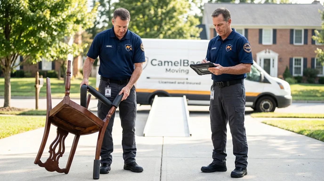 Movers inspecting furniture for damage prevention before loading in Leavittsburg, OH
